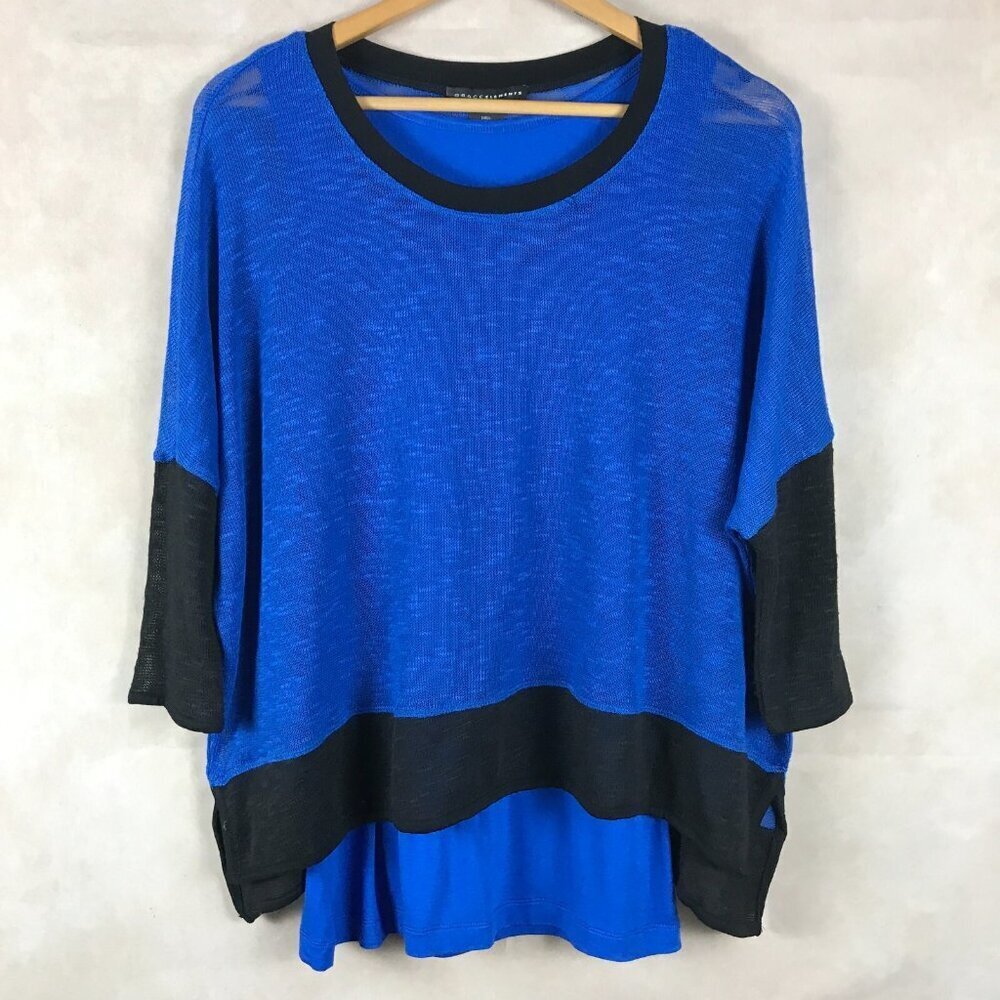 GRACE ELEMENTS Blue/Black Layered Look Knit Top NWT Small